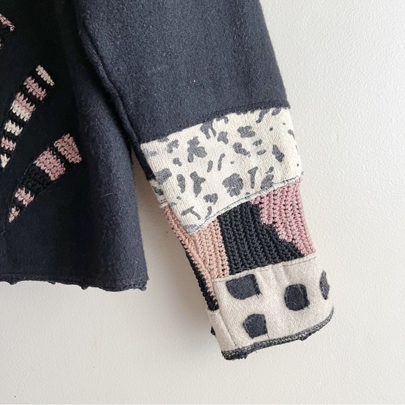 Sandy Starkman Vintage 80’s Wool Patchwork Art to Wear Crop Jacket Black Tan, S - Picture 6 of 10